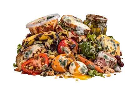 A disgusting pile of rotten food, including mold-covered bread, spoiled fruit, decaying vegetables, cheese, and forgotten leftovers, covered in fuzzy green mold and oozing liquids.