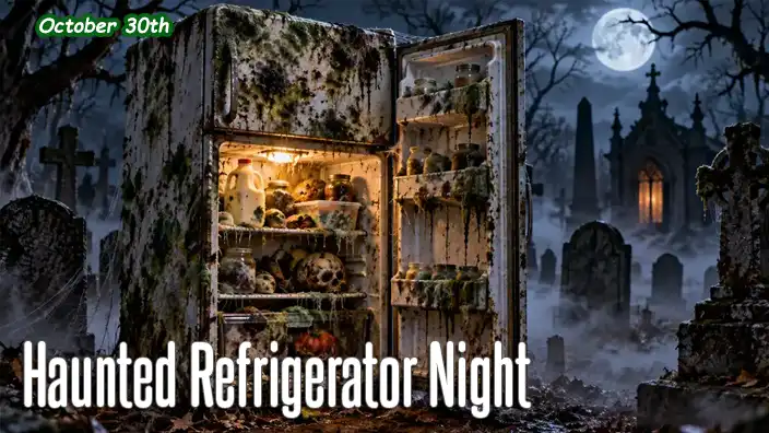 A haunted refrigerator in a cemetary under a full moon.