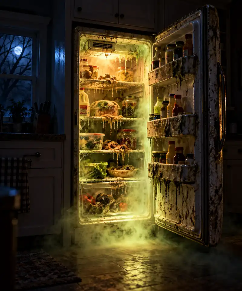 A haunted refrigerator stands open in a darkened kitchen, casting an eerie greenish-yellow glow over mold-covered food and dripping shelves as ghostly mist spills across the floor beneath a moonlit window.