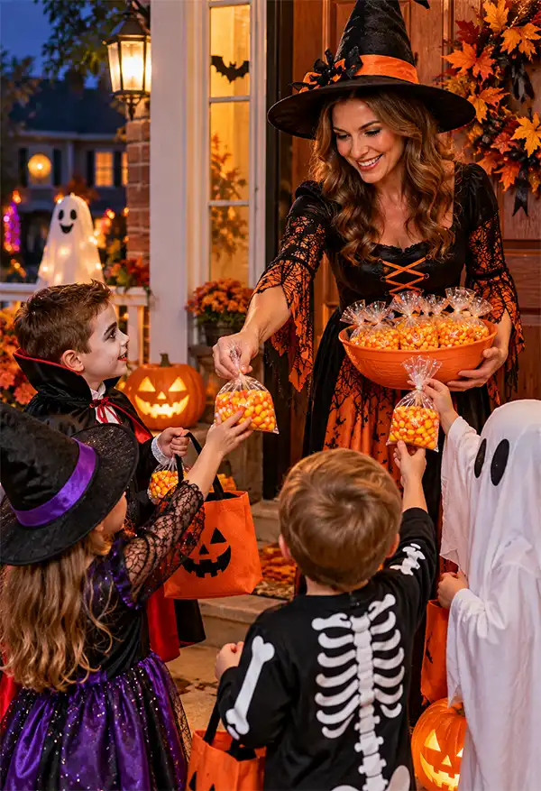 A smiling woman dressed as a Halloween witch hands out bags of colorful candy corn to excited trick-or-treaters dressed as a vampire, witch, skeleton, and ghost on a festively decorated porch glowing with jack-o'-lanterns and autumn lights.