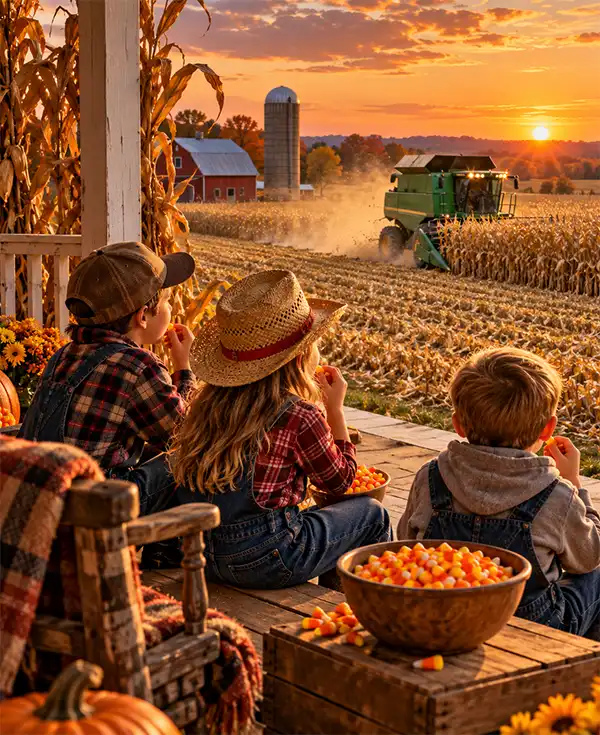Three children sit on a farmhouse porch enjoying colorful candy corn while watching a combine harvester gather corn in a golden field at sunset, with a red barn, silo, and beautiful autumn countryside in the background.