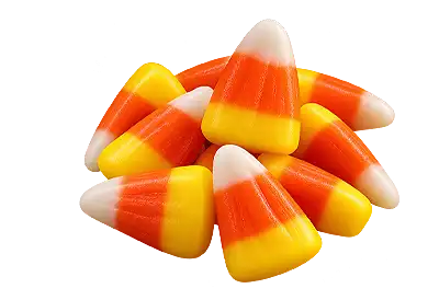 A small pile of glossy candy corn pieces featuring the traditional white tips, orange centers, and yellow bases, arranged on a transparent background.