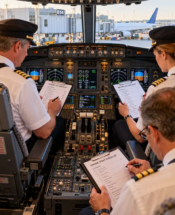 A commercial airline captain, copilot, and flight engineer carefully review their pre-departure checklists inside a modern jet cockpit, surrounded by illuminated instruments while the aircraft remains parked at the airport terminal.