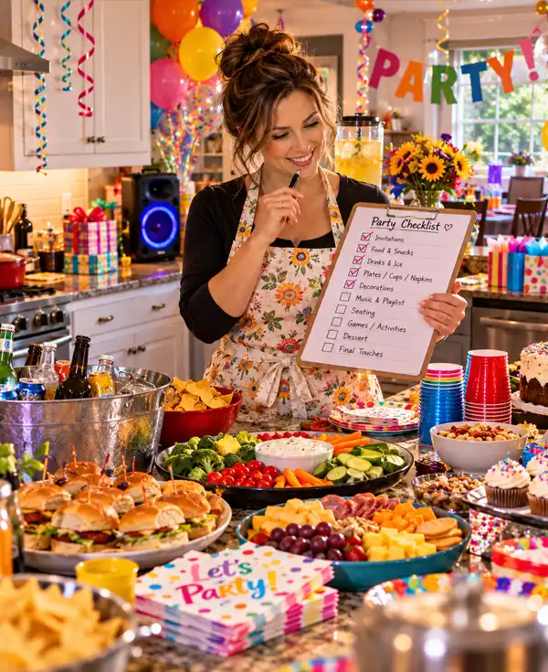 A smiling mother reviews her party planning checklist in a brightly decorated kitchen filled with delicious party food, colorful drinks, balloons, streamers, music, and festive decorations, making sure everything is ready for the celebration.