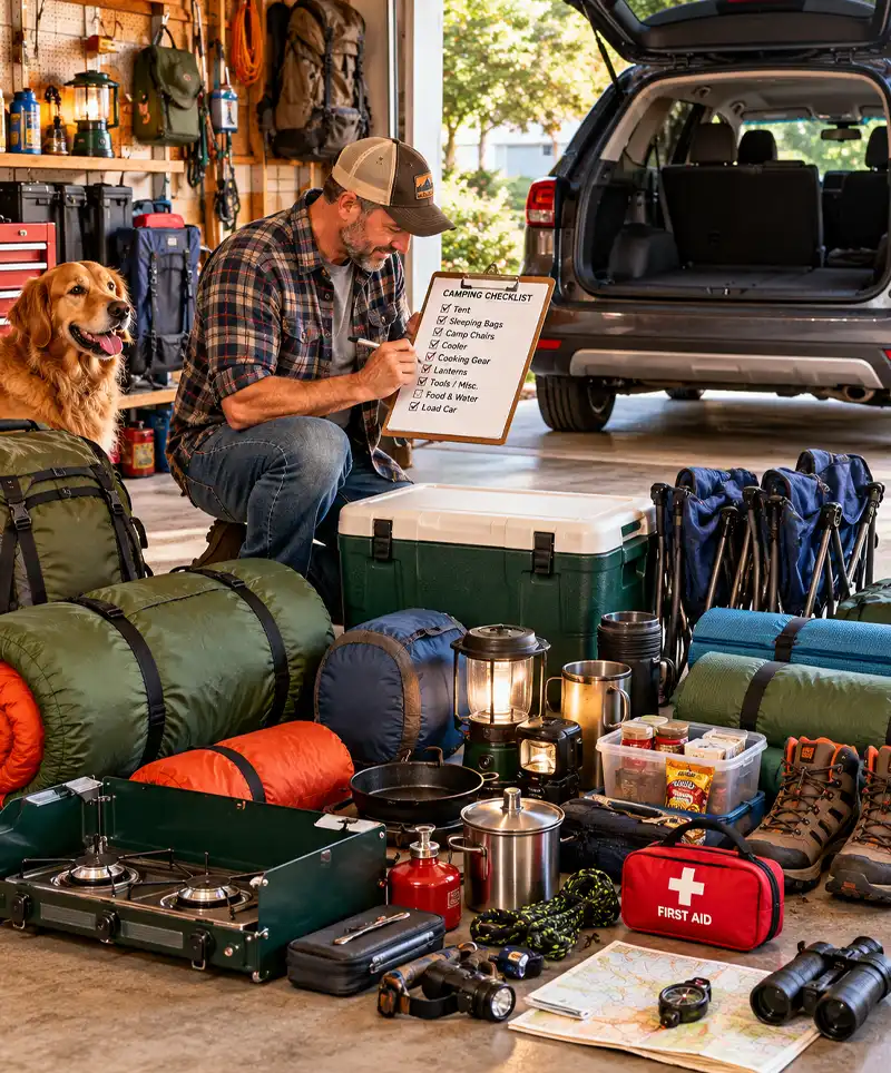 A man checks his camping equipment against a packing checklist in his garage, with tents, sleeping bags, cooking supplies, lanterns, a first-aid kit, and other essentials neatly arranged on the floor beside his dog and an open SUV ready for loading.