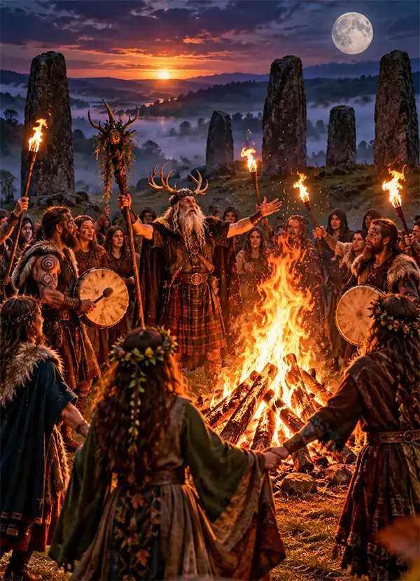 An artistic depiction of the ancient Celtic festival of Samhain, with traditionally dressed villagers gathered around a blazing bonfire, led by a ceremonial elder beneath a moonlit sky, surrounded by standing stones and misty hills.