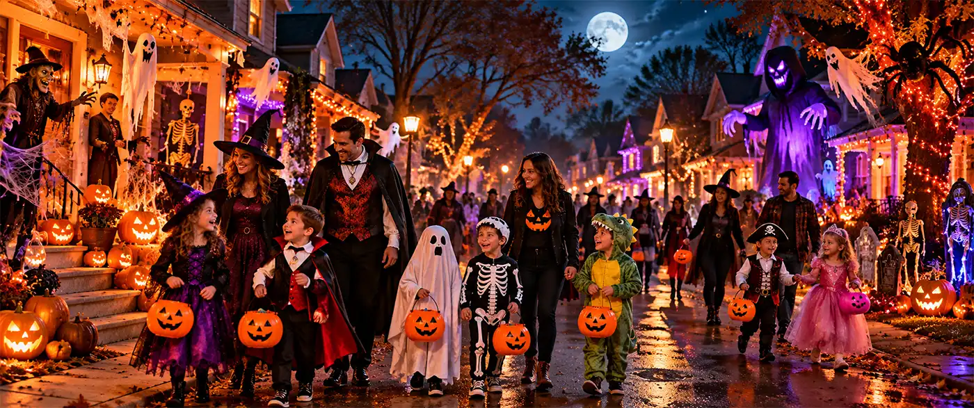 Happy children dressed as witches, vampires, ghosts, skeletons, dinosaurs, pirates, and princesses enjoy Halloween trick-or-treating with their parents along an elaborately decorated neighborhood street, surrounded by glowing jack-o'-lanterns, giant spooky figures, cobwebs, colorful lights, and a moonlit evening sky.