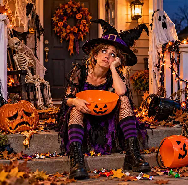 An exhausted woman dressed as a Halloween witch slumps on her front steps, clutching an empty candy bowl after a long evening of trick-or-treaters, surrounded by scattered candy wrappers, drooping decorations, a weary skeleton, and a collapsing jack-o'-lantern.