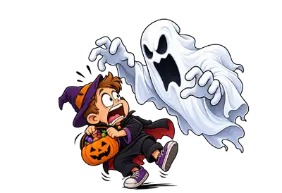 A terrified young trick-or-treater dressed as a witch stumbles backward as a large, frightening cartoon ghost lunges toward him, clutching his pumpkin-shaped candy bucket against a transparent background.