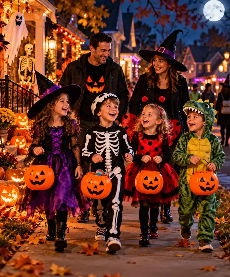 Happy children dressed as witches, a skeleton, a ladybug, and a dinosaur enjoy Halloween trick-or-treating with their smiling parents along a festively decorated neighborhood street in the late evening, carrying pumpkin-shaped candy buckets beneath glowing jack-o'-lanterns and a moonlit sky.