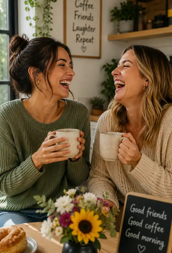 Knock Knock Two women share a laugh over morning coffee in a cozy, sunlit kitchen, enjoying warm drinks and cheerful conversation at a welcoming table decorated with flowers.