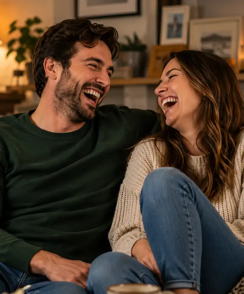 A happy couple sits together on a comfortable living room sofa, laughing heartily during a cozy evening at home surrounded by warm lighting and inviting décor.