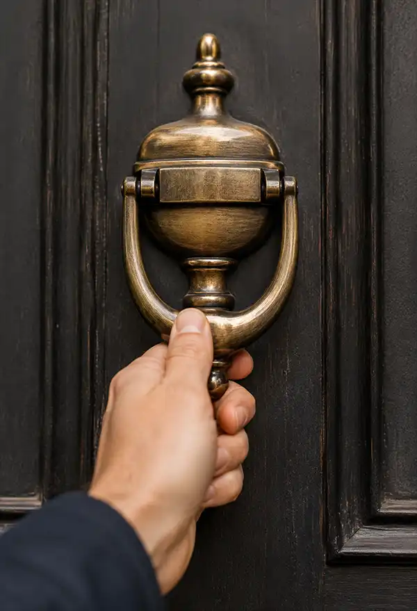 Here Come A Knock Knock Joke Someone is knocking on a door using a door knocker.