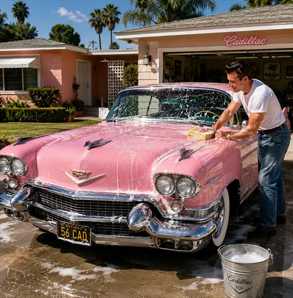 Man in 1950s attire washing a gleaming pink Cadillac in his suburban driveway, with soap suds covering the classic car's chrome-trimmed hood on a sunny afternoon.