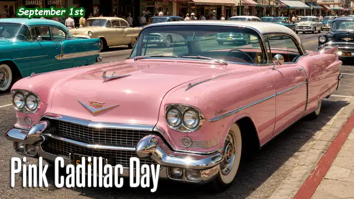 Beautiful pink Cadillac parked on a busy 1950s American main street, surrounded by classic cars, neon storefronts, and pedestrians enjoying a sunny afternoon.