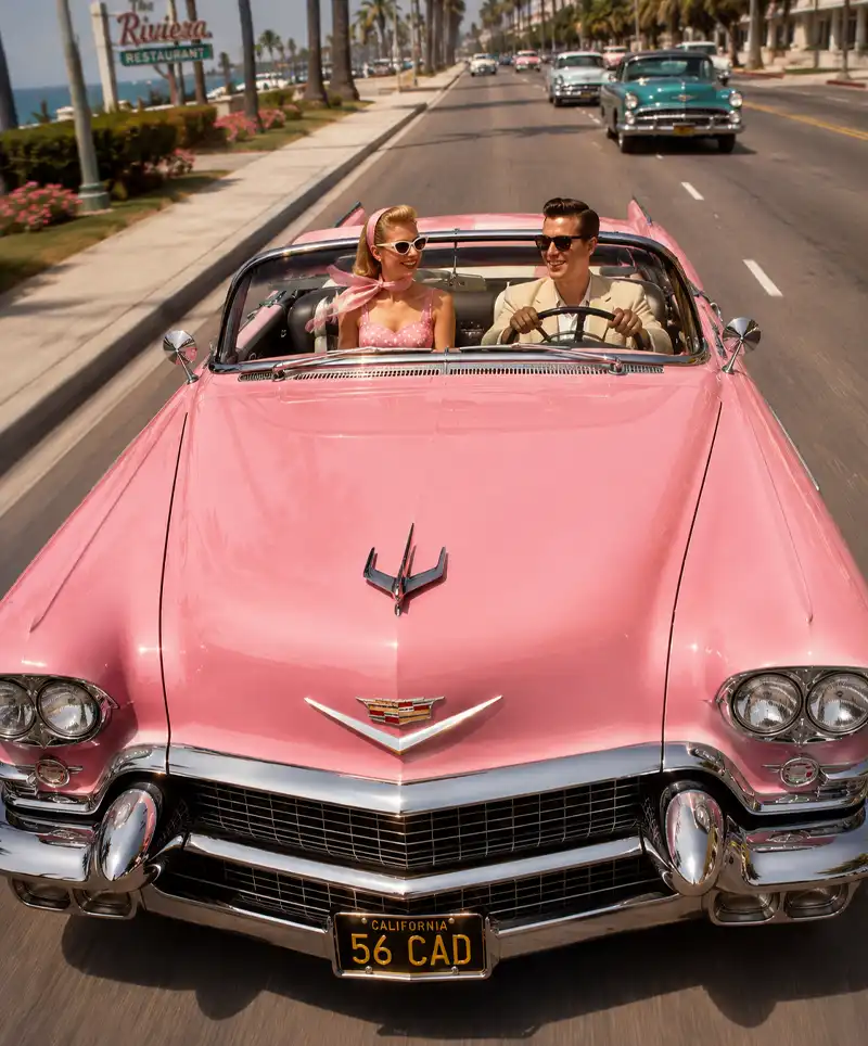 Pink Cadillac convertible driving toward the viewer on a sunny 1950s boulevard, with a stylishly dressed couple enjoying the ride and classic American cars following behind.