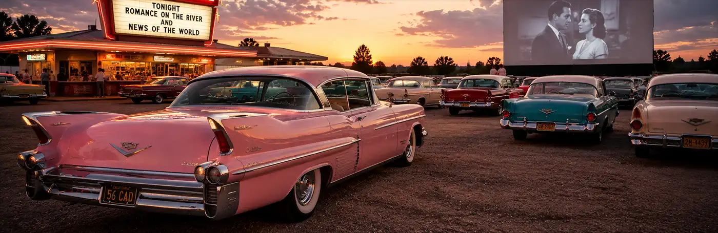 Classic pink Cadillac parked prominently at a 1950s-style drive-in movie theater at sunset, surrounded by vintage automobiles as moviegoers watch a film beneath glowing neon lights.