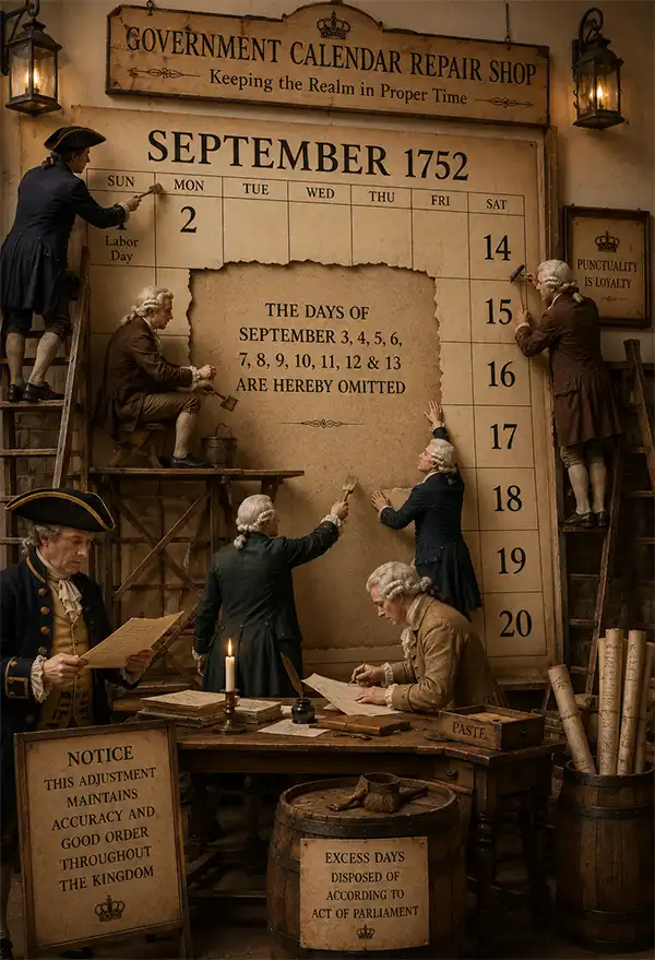 Colonial officials in a humorous government calendar repair shop work on a giant September 1752 calendar, removing dates and "fixing" the calendar during Britain's transition to the Gregorian calendar.