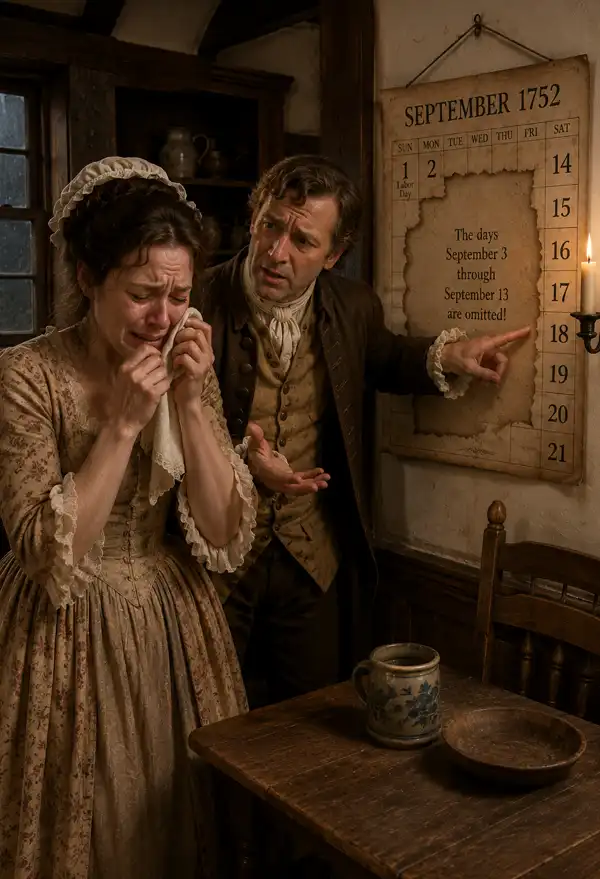 Upset colonial woman wipes away tears while her husband points desperately to a September 1752 calendar with missing dates, attempting to explain why he missed their anniversary during Britain's calendar adjustment.