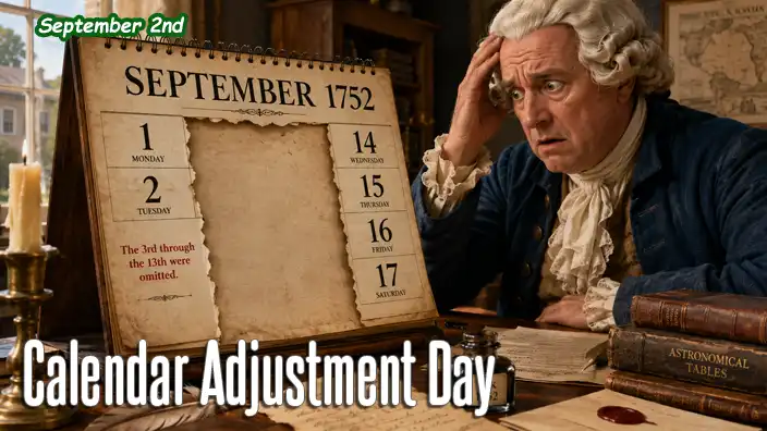 September 1752 calendar with a gap between September 2 and September 14 sits on a colonial desk as a puzzled eighteenth-century man reacts to the famous eleven-day calendar adjustment.
