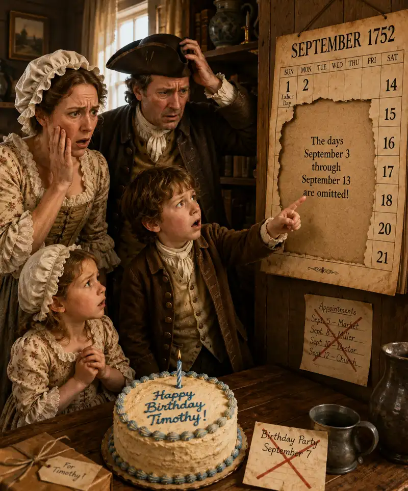 Colonial family reacts in shock to a September 1752 calendar showing September 3 through 13 omitted, disrupting a child’s birthday celebration.