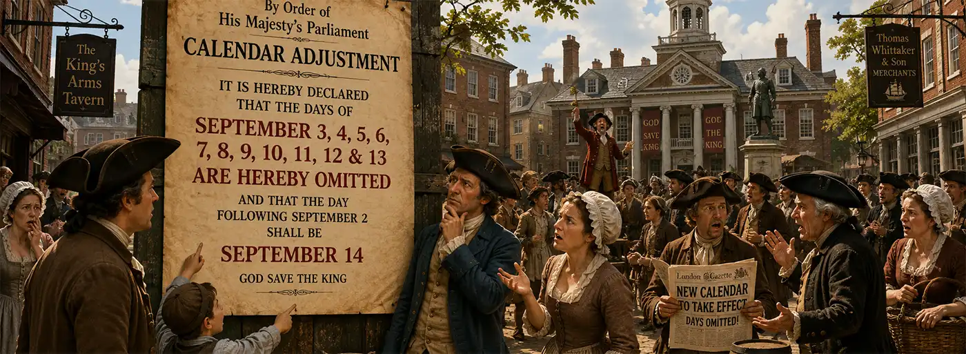 Colonial townspeople gather in a busy eighteenth-century town square to read an official notice announcing the 1752 calendar adjustment, reacting with confusion as September 3 through 13 are omitted and September 14 becomes the next date.