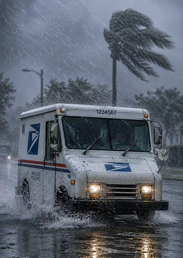 United States Postal Service delivery vehicle drives through torrential rain and strong winds on a flooded roadway during severe weather.