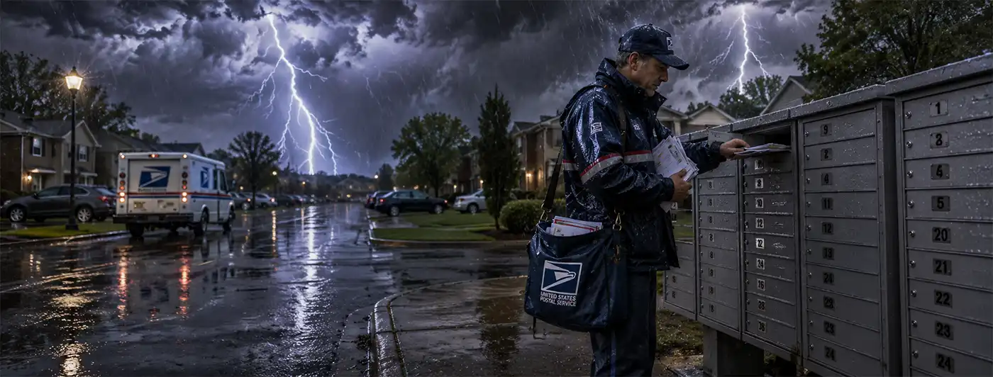 Postal worker delivers mail to a row of community mailboxes during a violent thunderstorm as heavy rain falls and lightning fills the sky.