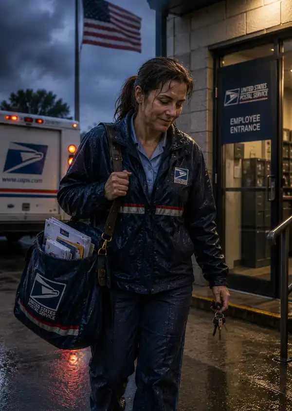 Tired and rain-soaked postal worker leaves the post office at the end of a long day, relieved that her delivery route is finally complete.