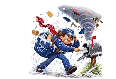 Humorous postal worker battles pouring rain, falling snow and a raging tornado while determinedly delivering a letter to a mailbox.