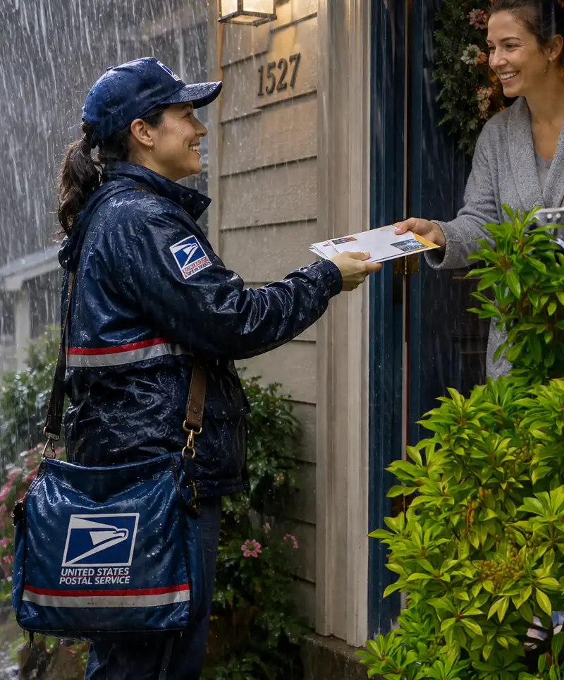 Smiling postal worker hands mail to a woman at her front door while heavy rain pours down outside.
