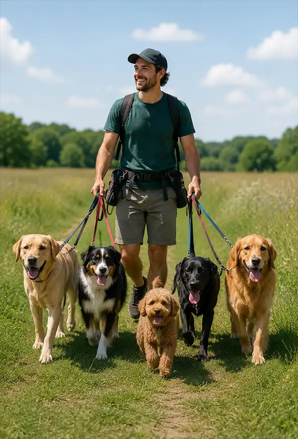 A Walk In The Country A professional dog walker leads a happy group of dogs of various breeds and sizes along a grassy path through an open field, with all the dogs enjoying the walk on a bright, sunny day.