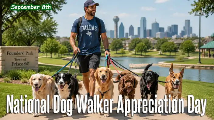 A professional dog walker leads a happy group of dogs along a paved path in a sunny Dallas-area park, with a lake, green lawns, and the Dallas skyline visible in the background.