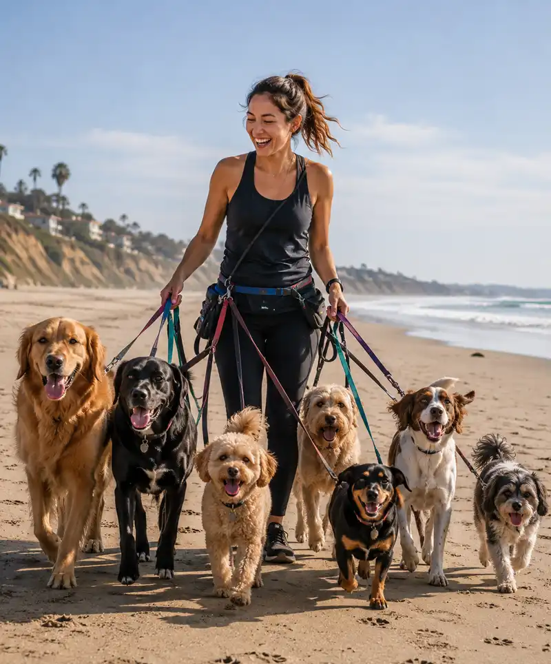 A cheerful dog walker enjoys a peaceful beach stroll with a happy group of dogs of various sizes, from small companion breeds to large retrievers, along a quiet stretch of sandy shoreline on a beautiful day.