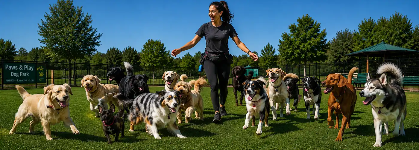 At The Dog Park A smiling dog walker enjoys a fun-filled day at a dog park as a large group of excited dogs of different breeds and sizes race around her across the grassy field, all appearing energetic, playful, and delighted to be outdoors.
