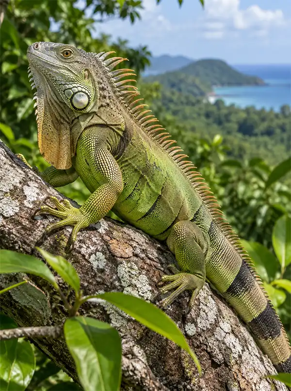 A green iguana rests on a tree branch in a lush tropical forest, its detailed scales and spiny crest illuminated by sunlight, with a distant coastline and blue ocean in the background.