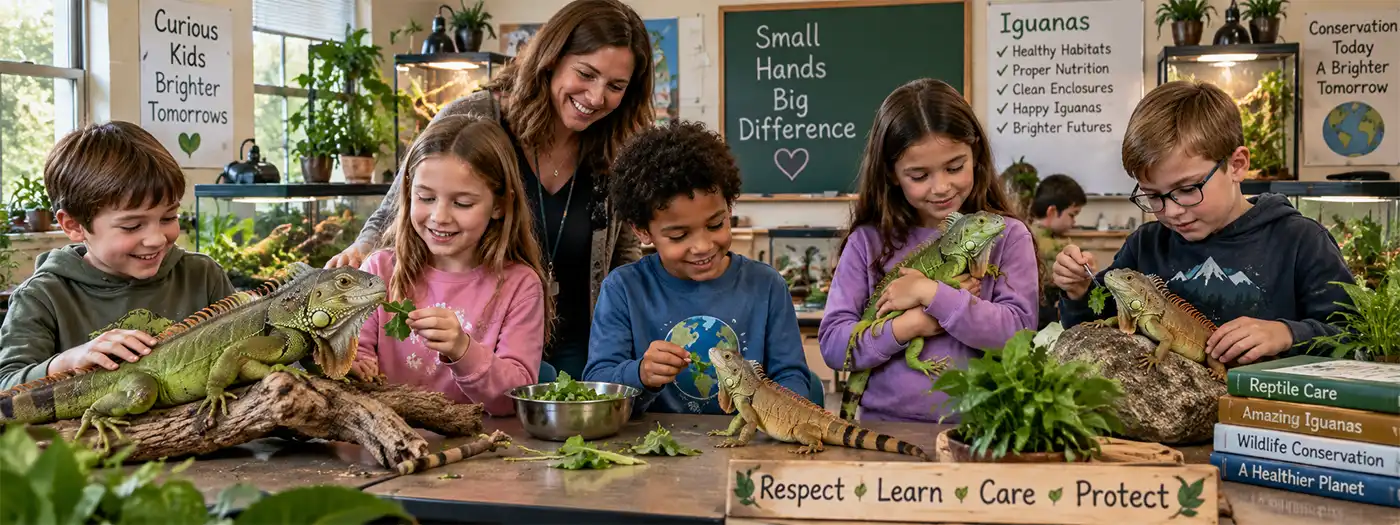 Children lovingly care for iguanas in a bright classroom, offering leafy greens and gently handling the reptiles under their teacher’s supervision, with terrariums and conservation posters in the background.