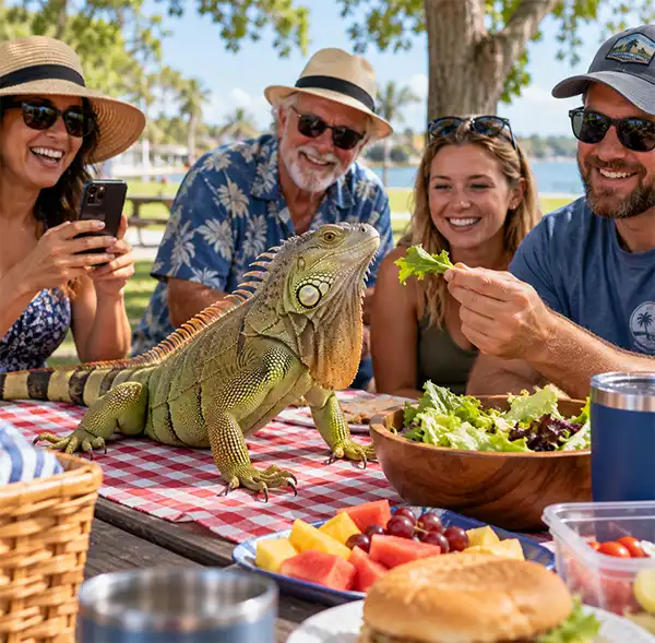 A friendly green iguana visits a picnic table in a sunny lakeside park, while four smiling people admire the unexpected guest, take photographs, and offer it a leafy green.