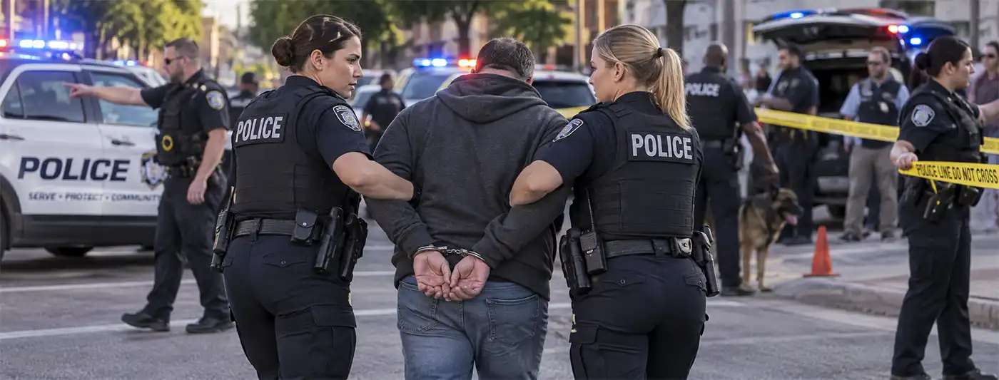 Two policewomen arresting a handcuffed suspect while male and female officers secure the scene and manage crowd control in the background.