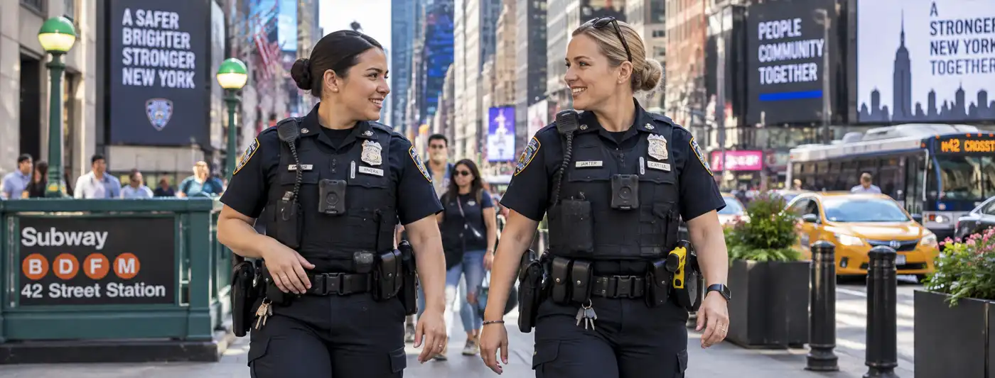Two policewomen walking together on a peaceful foot patrol through a busy metropolitan street surrounded by pedestrians, traffic, and city buildings.