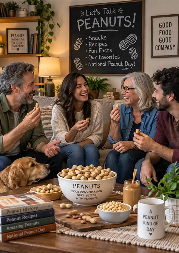Friends enjoying good conversation at home while snacking on bowls of peanuts and peanut butter in a cozy living room.