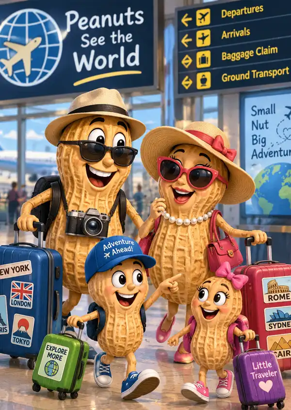 Cartoon peanut family with suitcases at an airport, humorously depicting peanuts as world travelers on their journey around the globe.