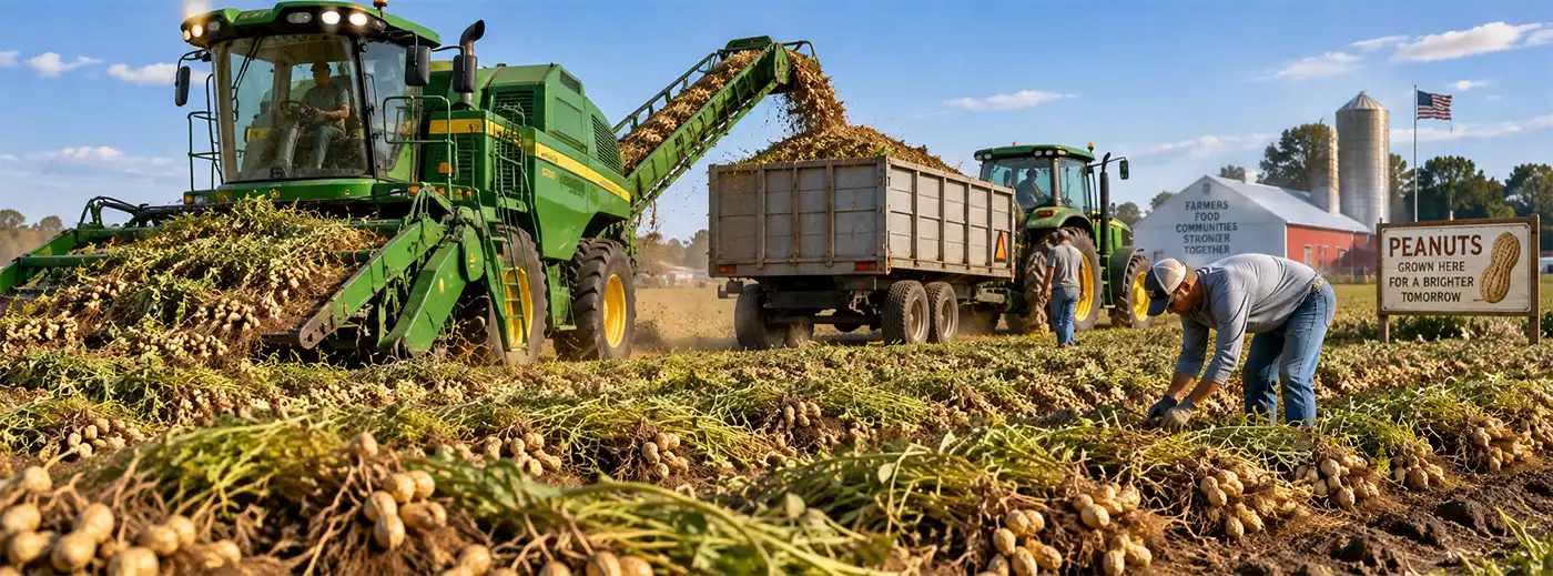 Modern peanut harvest with farmers operating specialized harvesting equipment as freshly dug peanuts are gathered from a large Southern farm field.