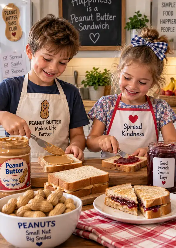 Two children happily preparing peanut butter sandwiches together in a warm family kitchen.