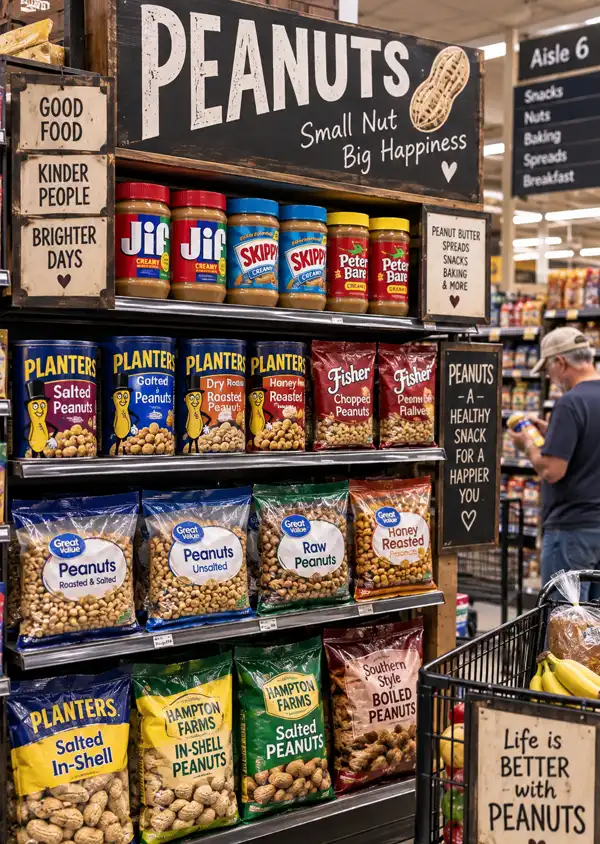 Grocery store display filled with peanuts, peanut butter, and a variety of packaged peanut products for shoppers.