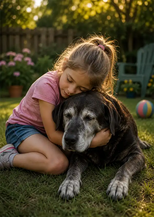 An Old Dog rests after a game with a little girl. A young girl gently hugs her elderly dog as it rests on the grass in a sunny backyard, patiently staying by its side after playtime, capturing a touching moment of love, compassion, and lifelong friendship.
