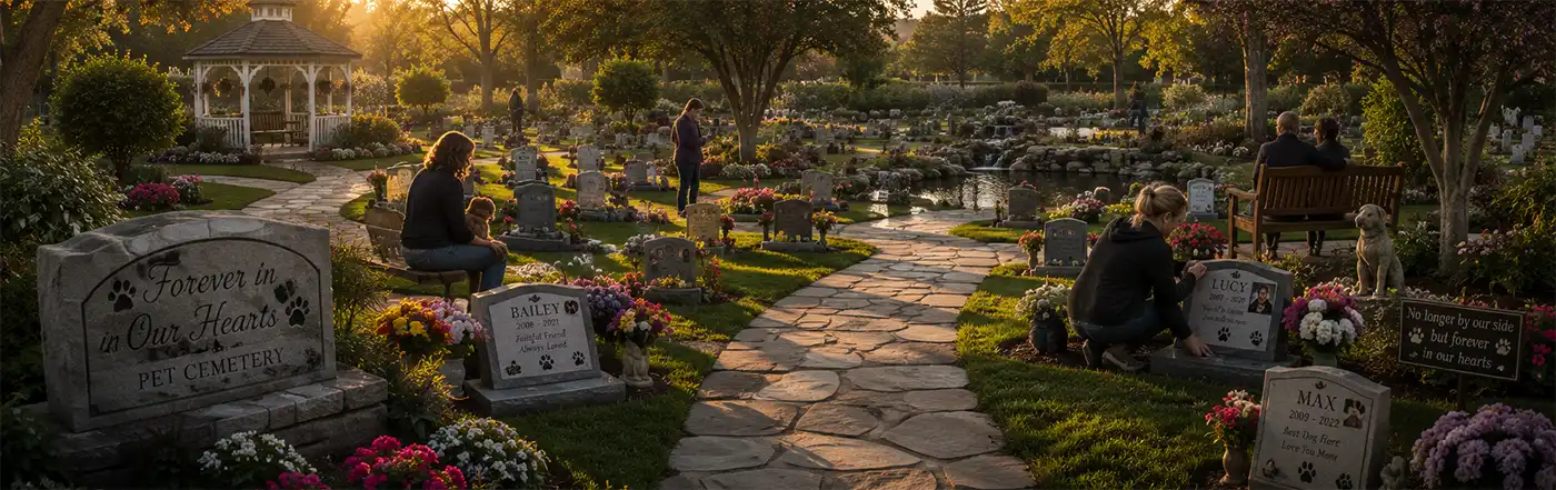 A pleasant Pet Cemetary A peaceful pet cemetery bathed in warm evening light, where beautiful gardens and quiet visitors reflect love, remembrance, and gratitude rather than despair.