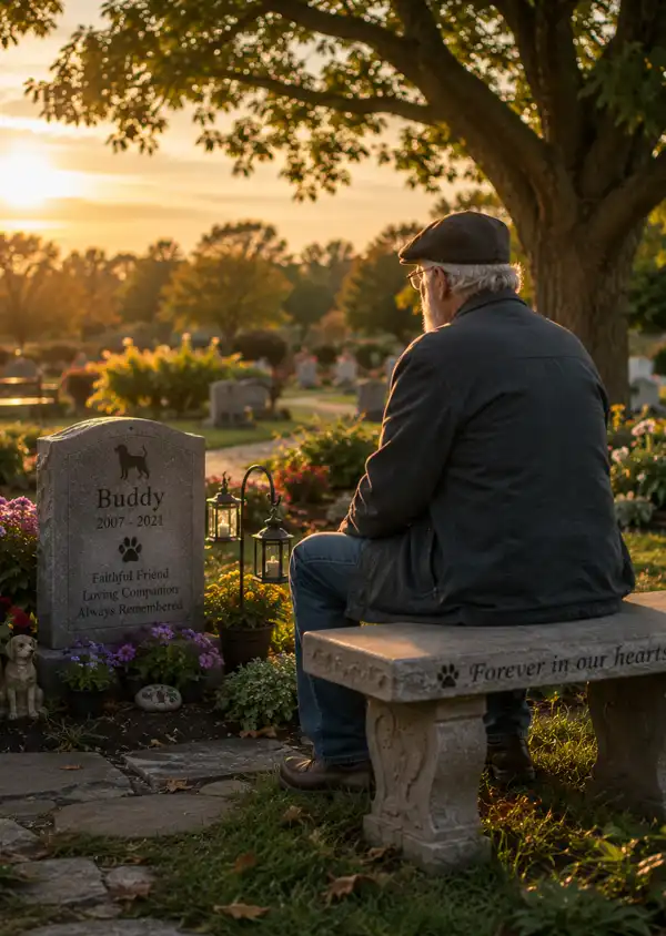 Gone But Never Forgotten An elderly man sits quietly beside his beloved dog's memorial in a peaceful pet cemetery at sunset, reflecting on years of friendship and happy memories in a beautiful garden of remembrance.