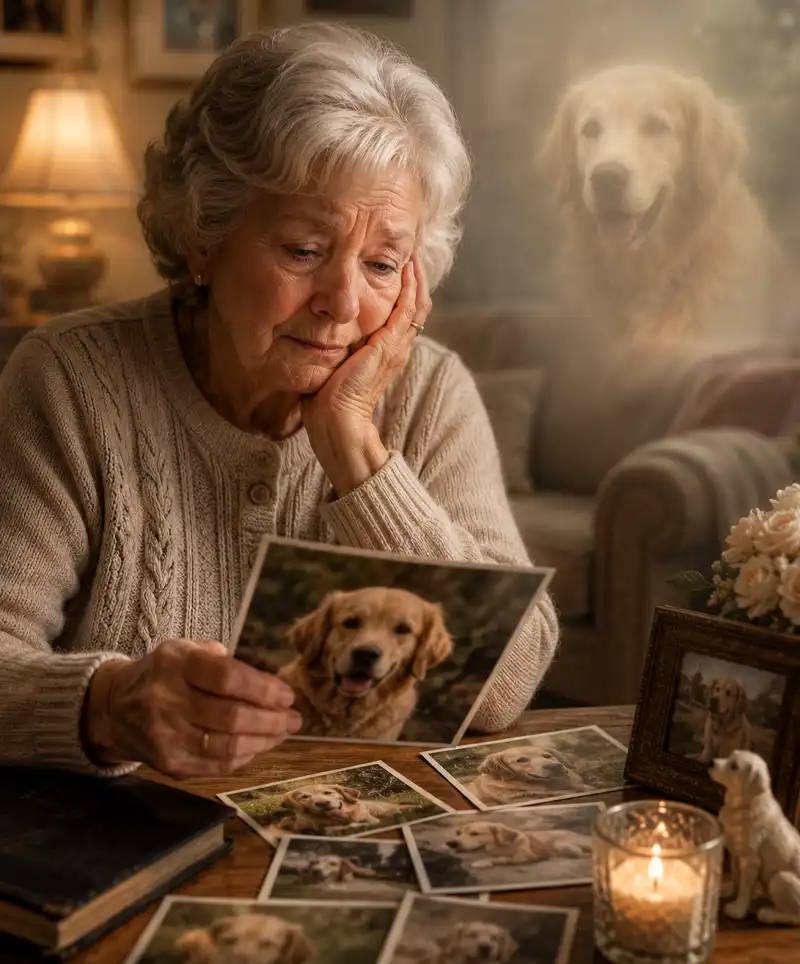 An elderly woman sits quietly in her living room, looking through treasured photographs of her beloved dog, while the dog's faint, ghostly image appears in the background as a gentle symbol of cherished memories and enduring love.