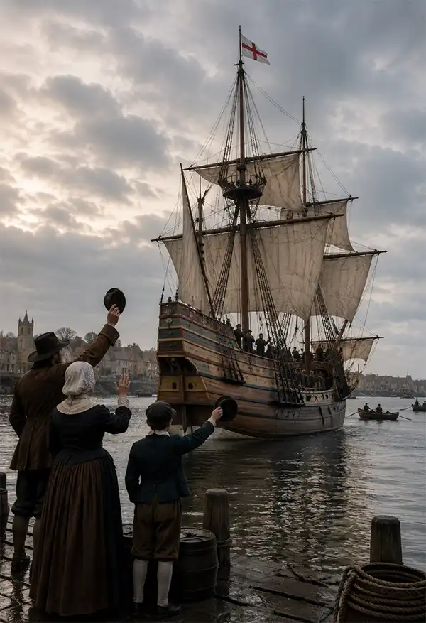 The Mayflower leavesPlymouth Harbor on it's historical journey. The Mayflower leaves Plymouth, England, as people on the waterfront wave farewell to the passengers and crew beginning their Atlantic voyage.